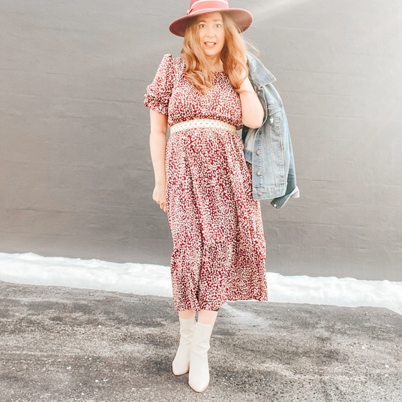 Dark Red Tiered Dress with Puff Sleeve - Picture 6 of 8